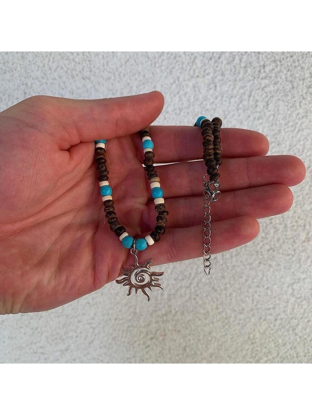 Y2k 2000s style Wood Beaded dark brown and blue mixed wood Necklace with Cyber - Picture 5 of 8